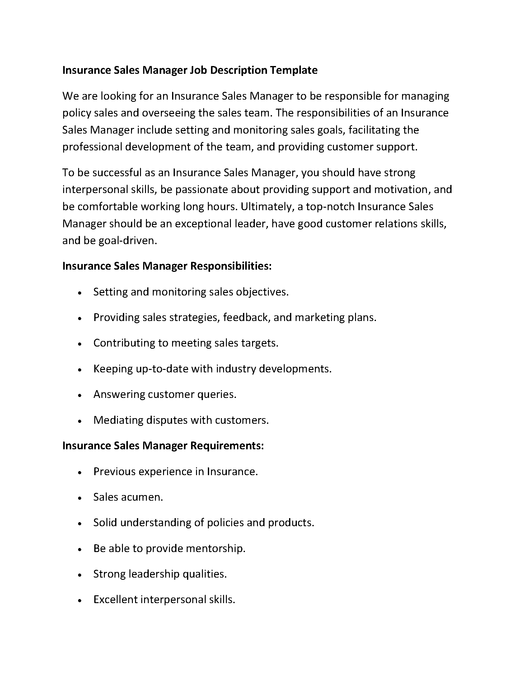 Insurance Sales Manager Job Description Template